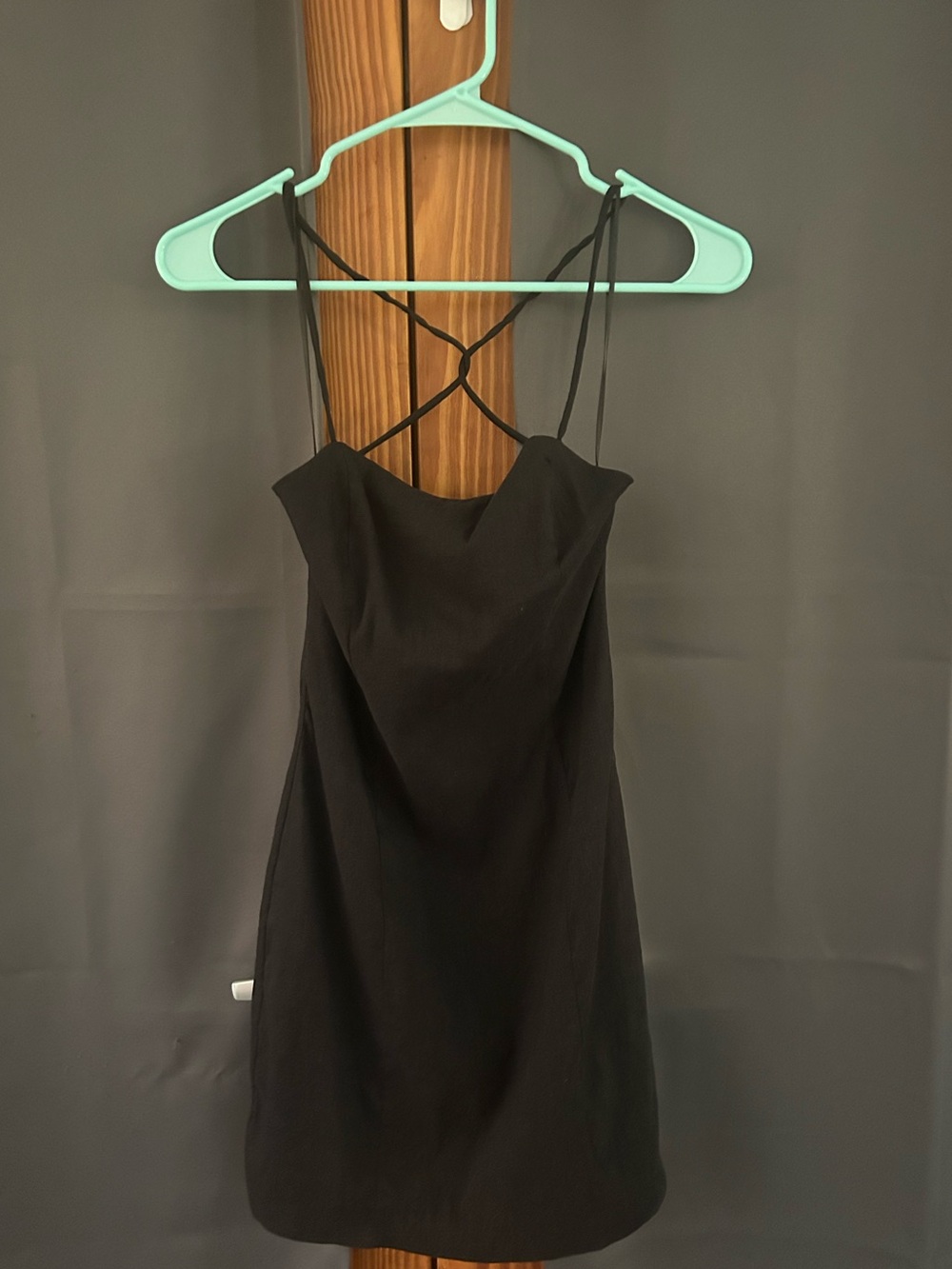 Zara Square Neck Linen-Blend Cross Back Mini Dress Black Size Small
